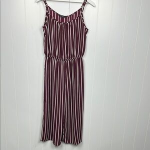 Ambiance Womens Jumpsuit M Burgundy/Cream Stretch Waist Adj Straps Wide Leg EUC
